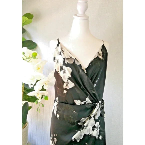 NWT Worthington XXL Black & White Floral Satin Spaghetti Strap Midi Dress - Picture 3 of 13